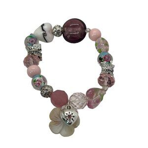 Handcrafted Lampwork Glass Beads Stretch Bracelet Silver Tone Floral Charms
